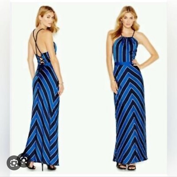 Guess Blue Chevron Full Length Satin Maxi Dress with Braided Rope Size 4 - Picture 1 of 4